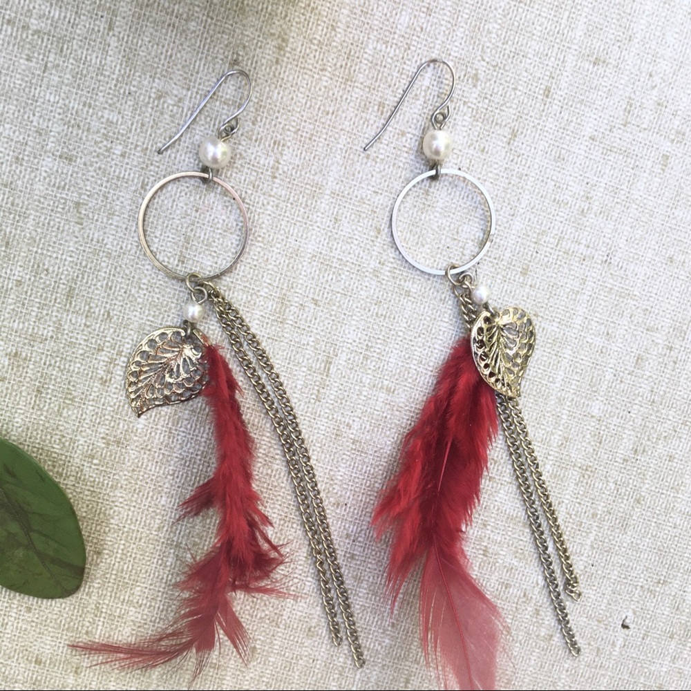 Red feather Pearl gold leaf vintage earrings boho